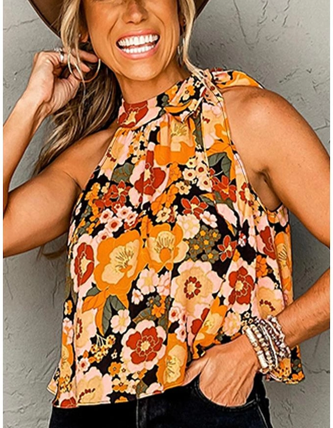 Orange Floral Print Knotted Halter Neck Sleeveless Top