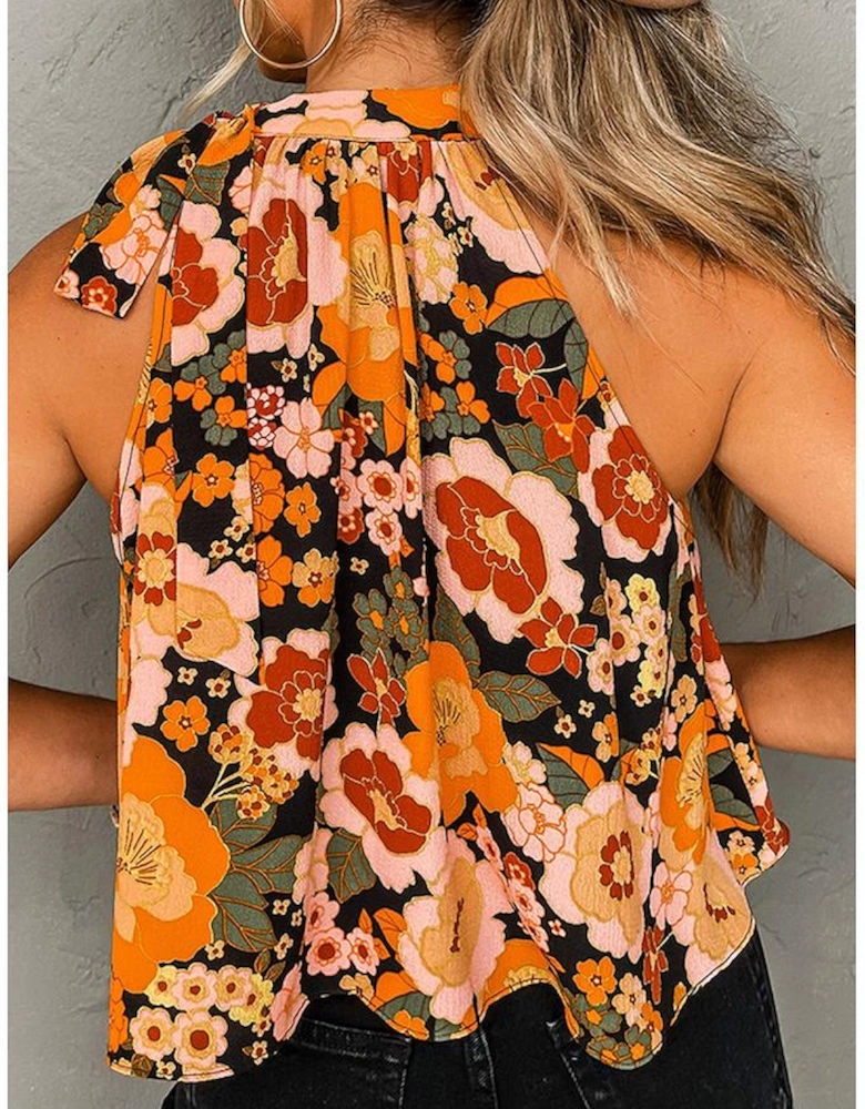 Orange Floral Print Knotted Halter Neck Sleeveless Top