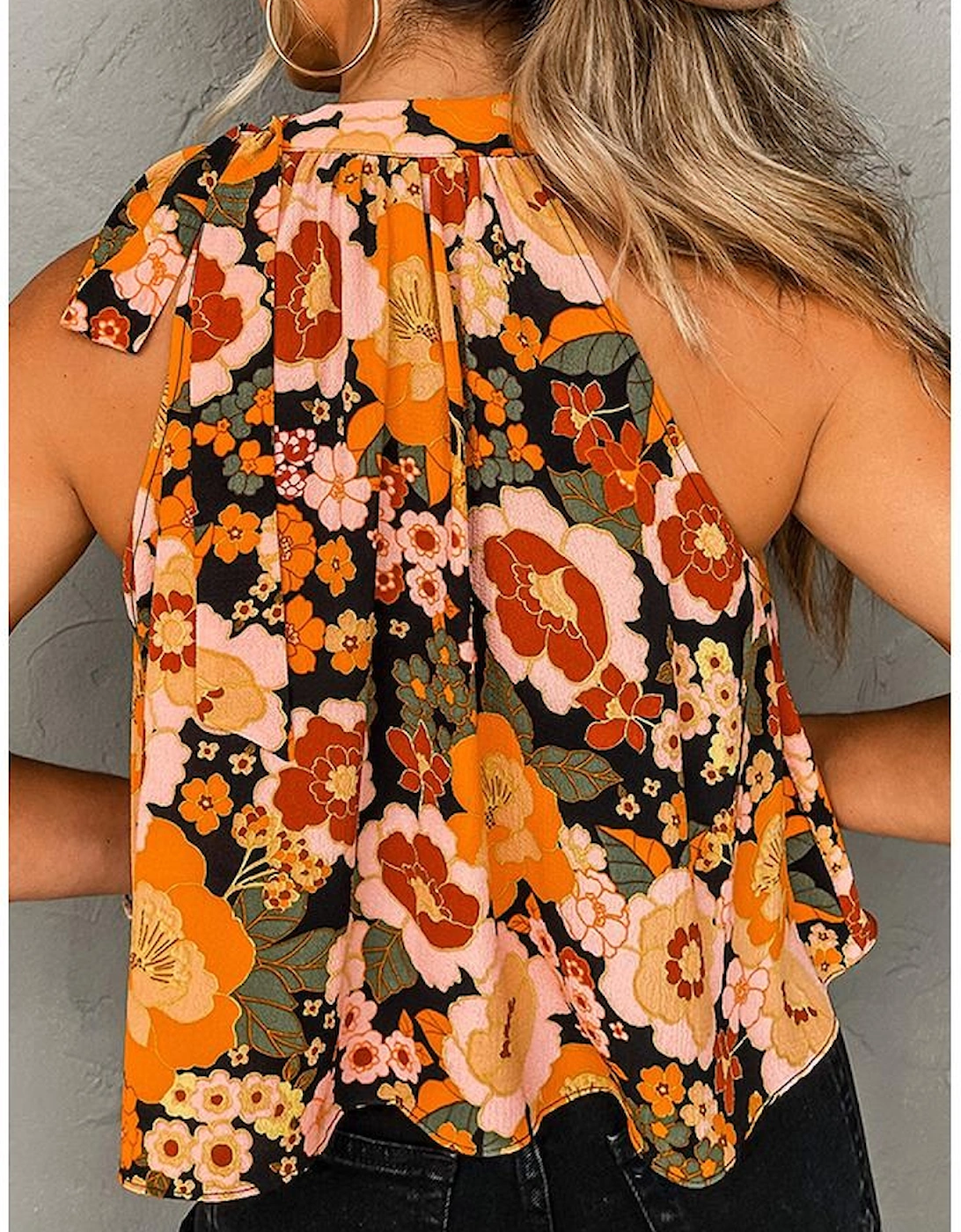 Orange Floral Print Knotted Halter Neck Sleeveless Top