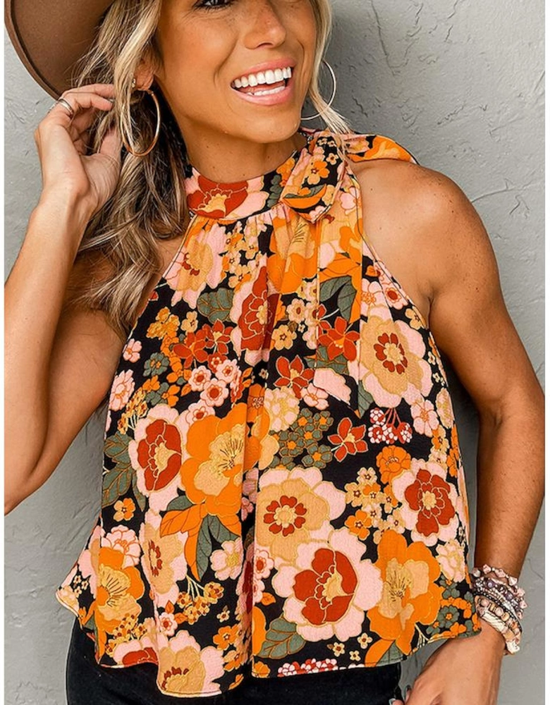 Orange Floral Print Knotted Halter Neck Sleeveless Top