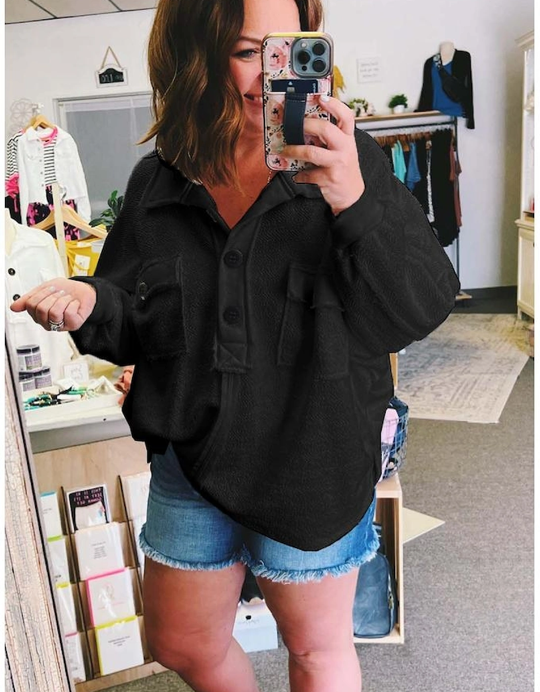 Black Plus Size Long Sleeve Flap Pocket Henley Top