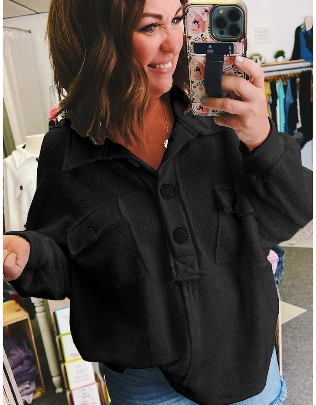 Black Plus Size Long Sleeve Flap Pocket Henley Top
