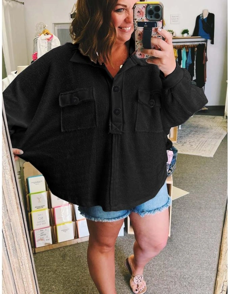 Black Plus Size Long Sleeve Flap Pocket Henley Top