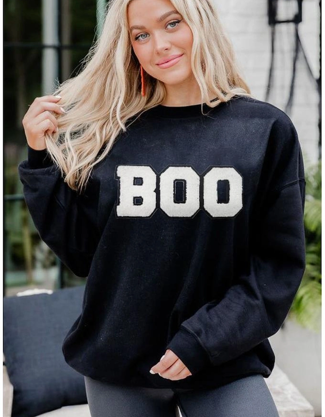 Black Chenille BOO Patched Pattern Crewneck Halloween Sweatshirt, 8 of 7