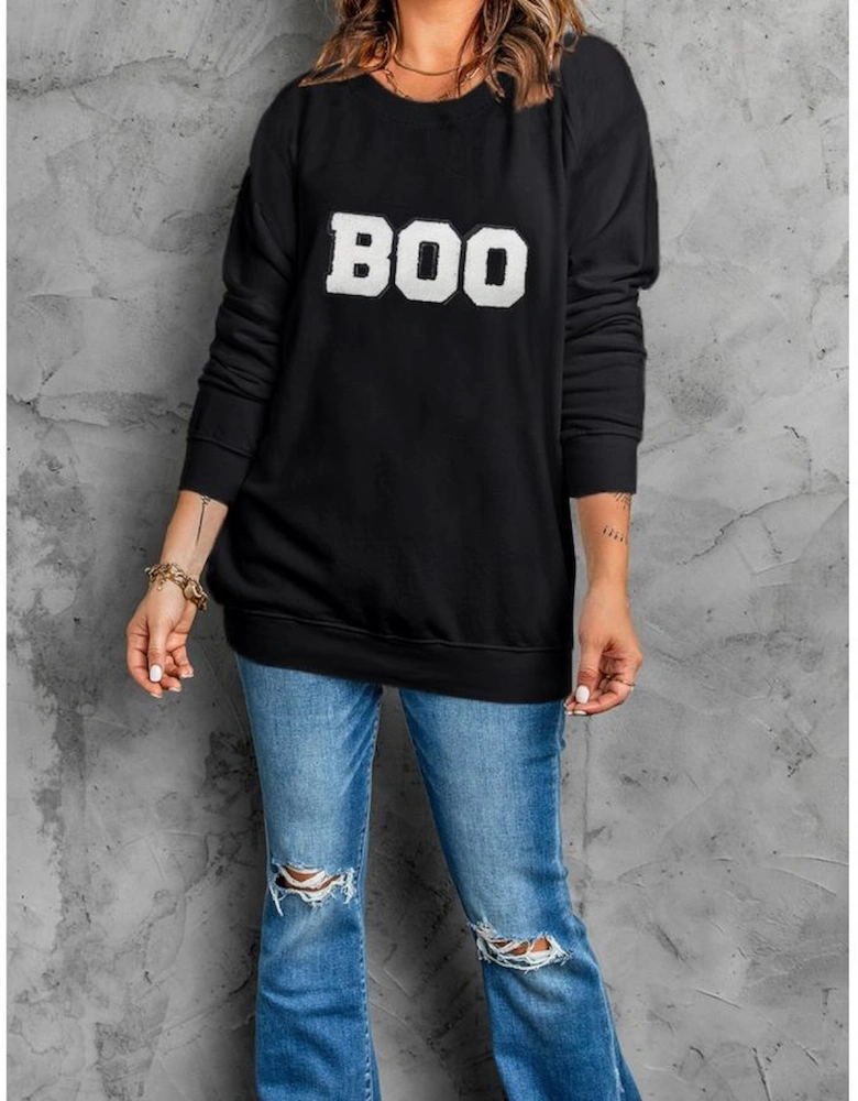 Black Chenille BOO Patched Pattern Crewneck Halloween Sweatshirt