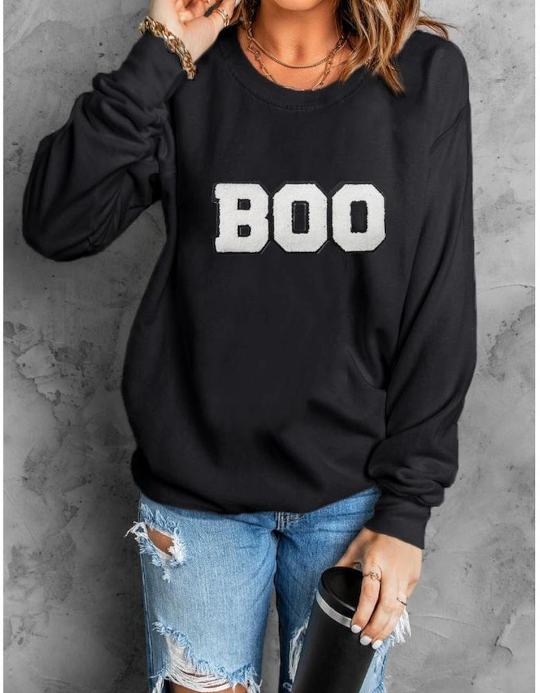 Black Chenille BOO Patched Pattern Crewneck Halloween Sweatshirt