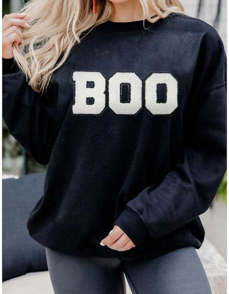 Black Chenille BOO Patched Pattern Crewneck Halloween Sweatshirt