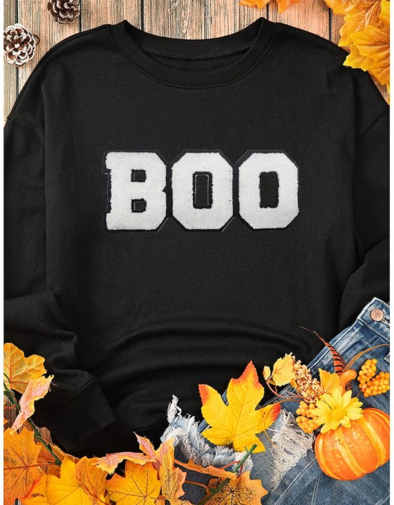 Black Chenille BOO Patched Pattern Crewneck Halloween Sweatshirt