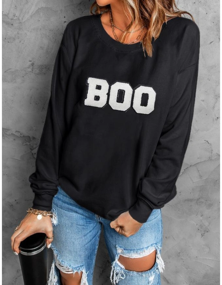 Black Chenille BOO Patched Pattern Crewneck Halloween Sweatshirt