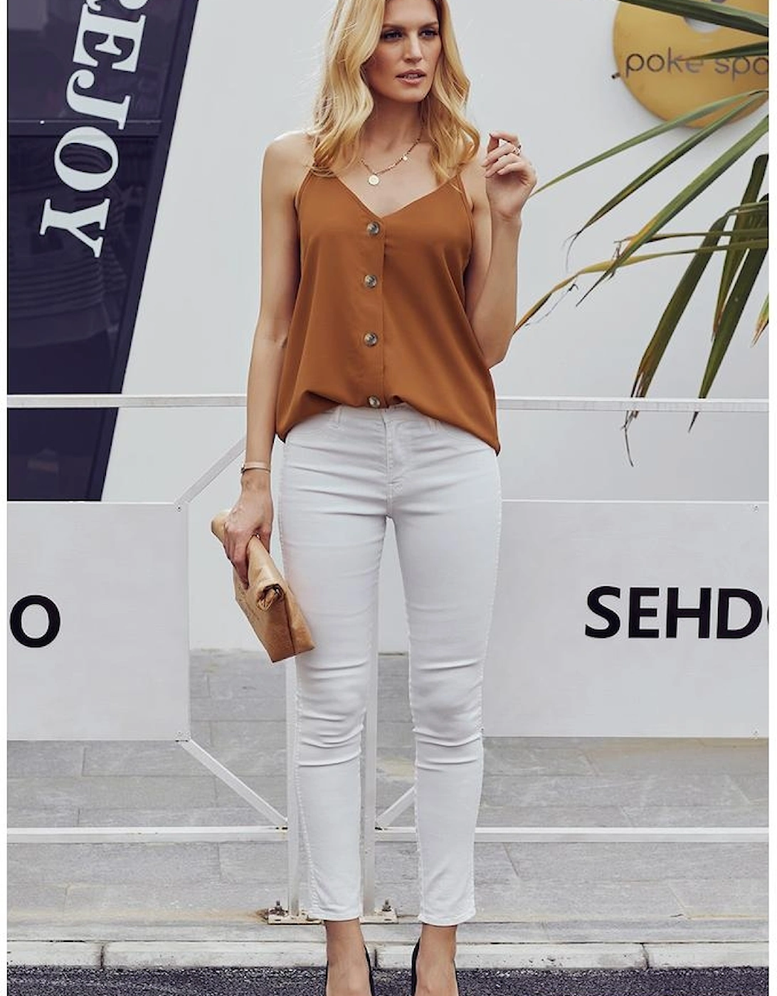 Azura Exchange Orange Spaghetti Strap Buttoned Tank Top