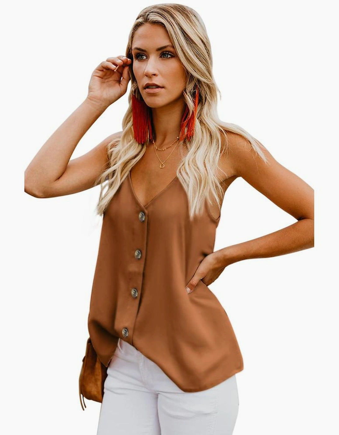 Azura Exchange Orange Spaghetti Strap Buttoned Tank Top