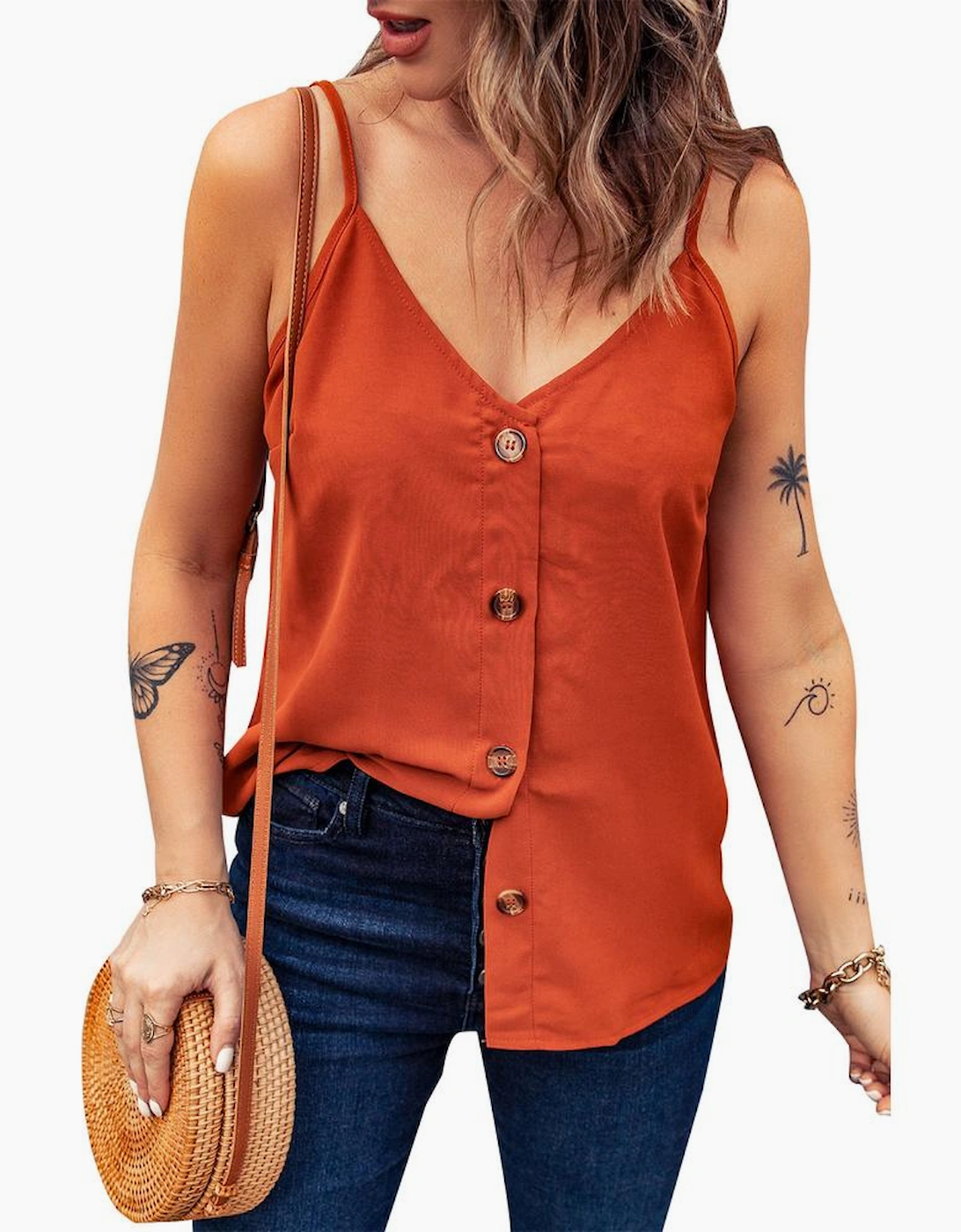 Azura Exchange Orange Spaghetti Strap Buttoned Tank Top
