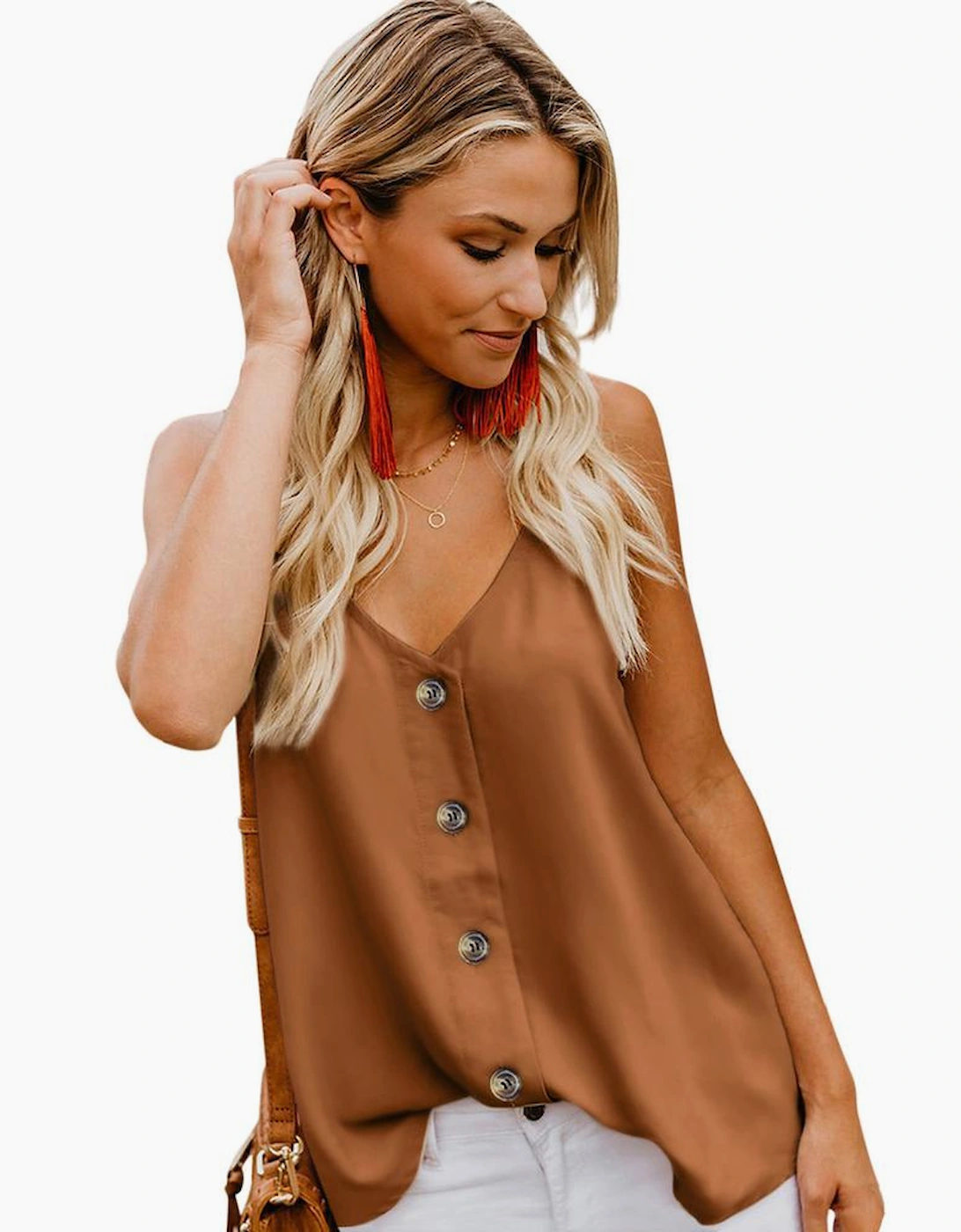 Azura Exchange Orange Spaghetti Strap Buttoned Tank Top