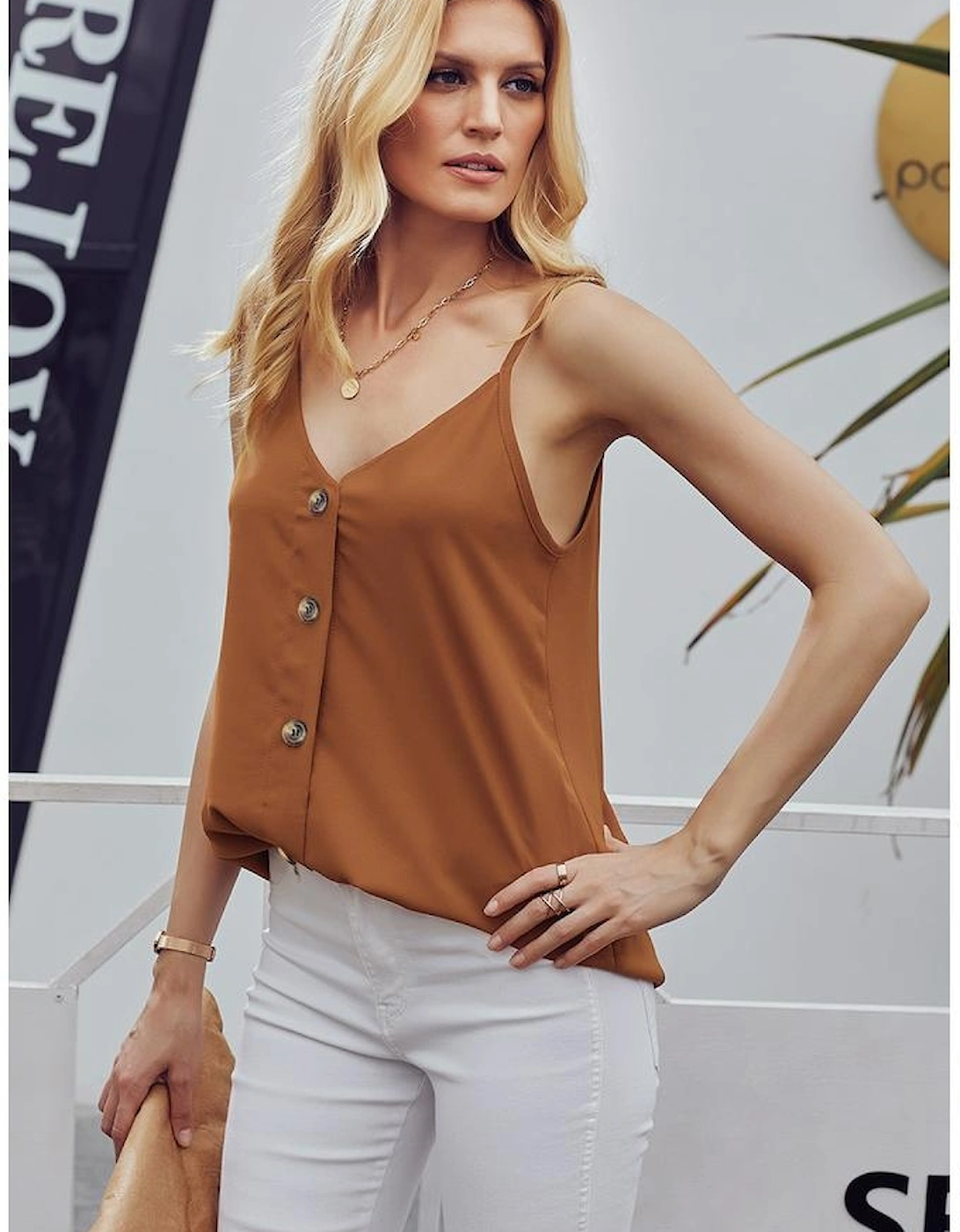 Azura Exchange Orange Spaghetti Strap Buttoned Tank Top