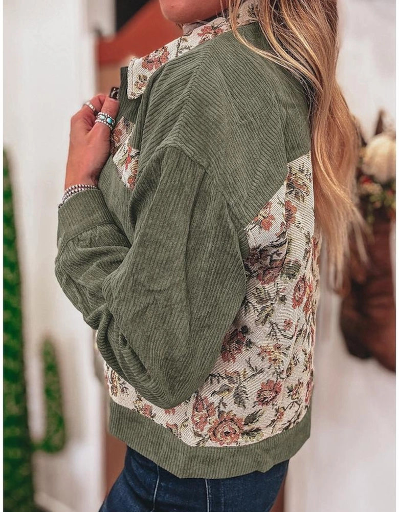 Sage Green Ribbed Retro Floral Patchwork Shirt Style Jacket