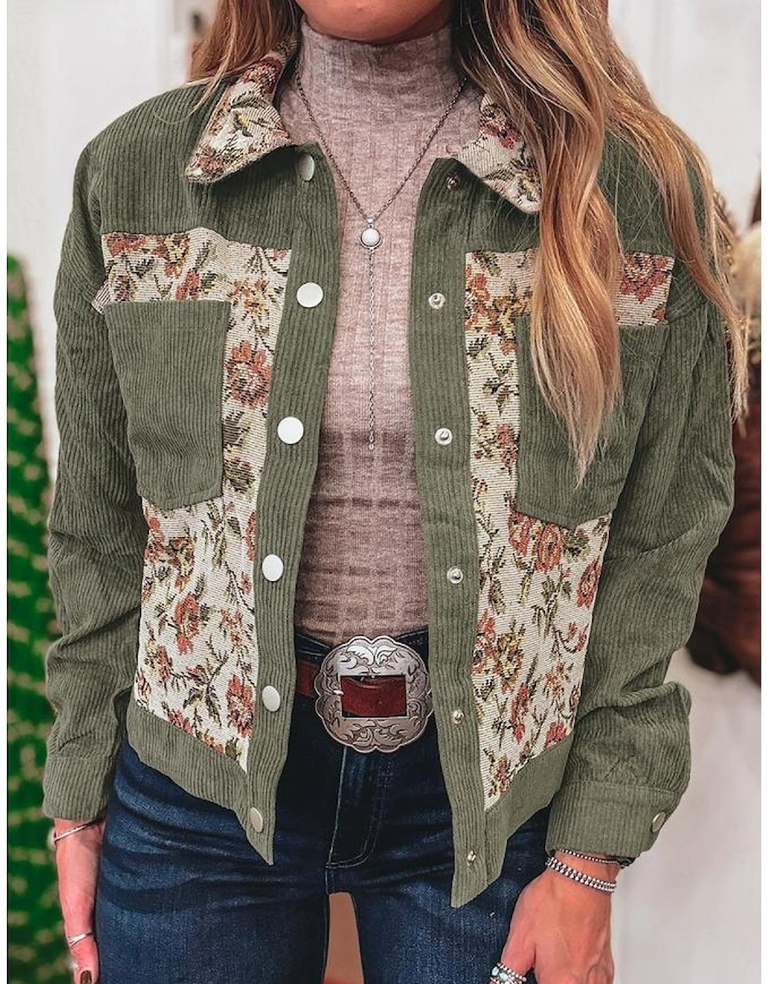 Sage Green Ribbed Retro Floral Patchwork Shirt Style Jacket