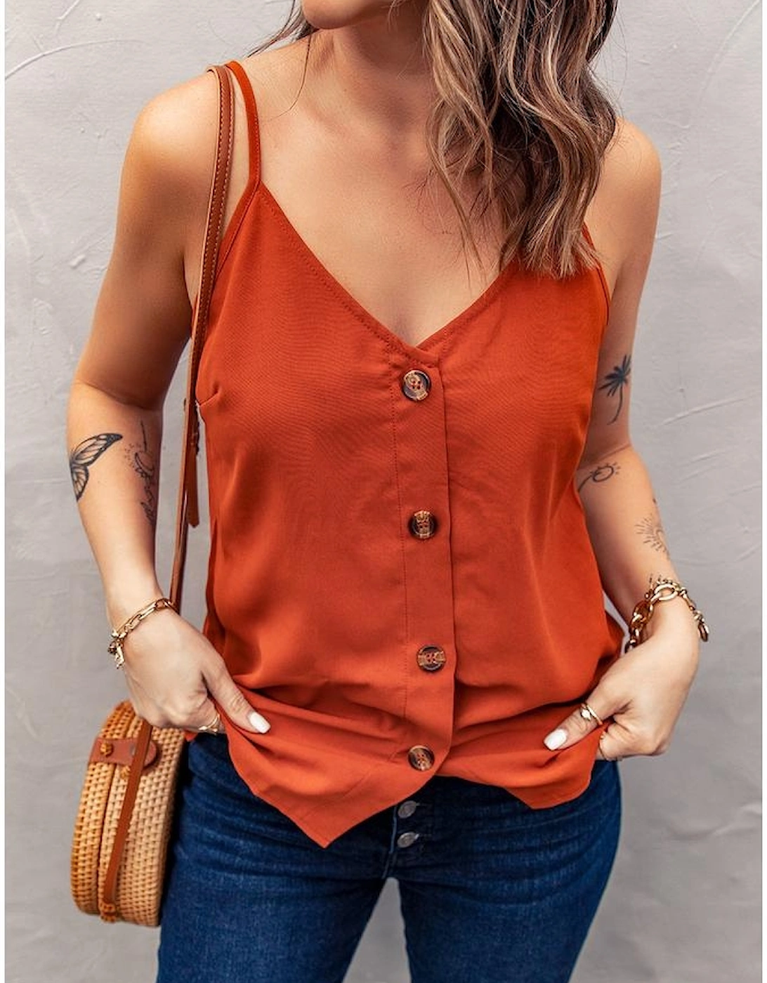Azura Exchange Orange Spaghetti Strap Buttoned Tank Top
