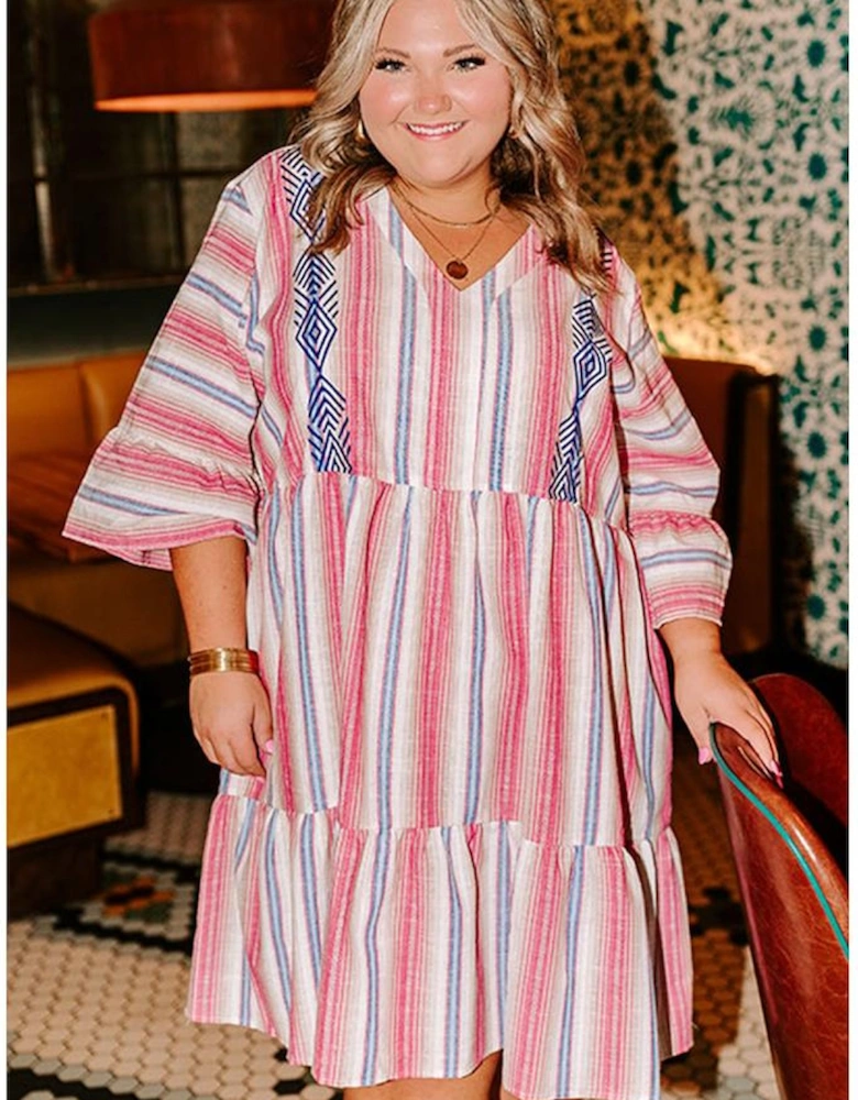 White Stripe Plus Size Embroidered Detail Flared 3/4 Sleeve V Neck Dress