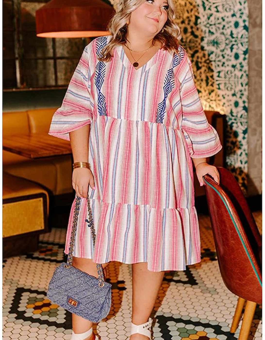 White Stripe Plus Size Embroidered Detail Flared 3/4 Sleeve V Neck Dress
