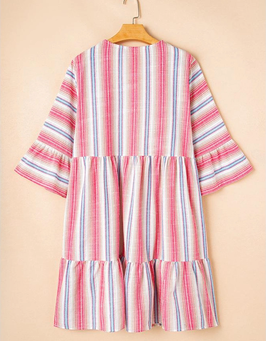 White Stripe Plus Size Embroidered Detail Flared 3/4 Sleeve V Neck Dress