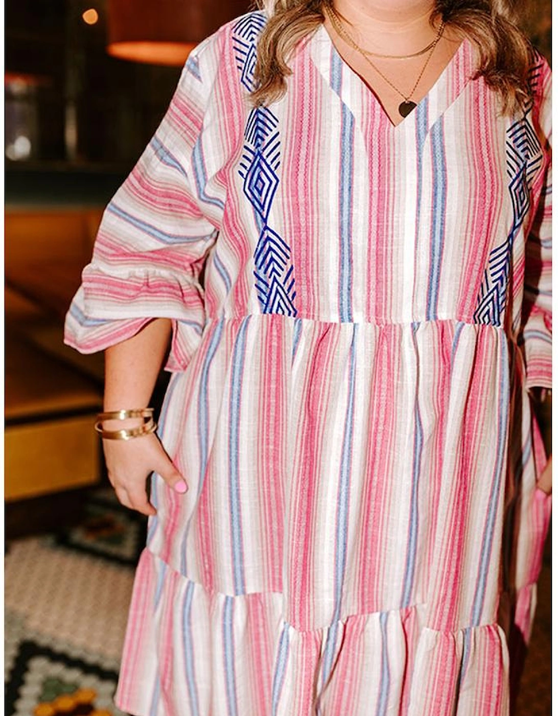 White Stripe Plus Size Embroidered Detail Flared 3/4 Sleeve V Neck Dress