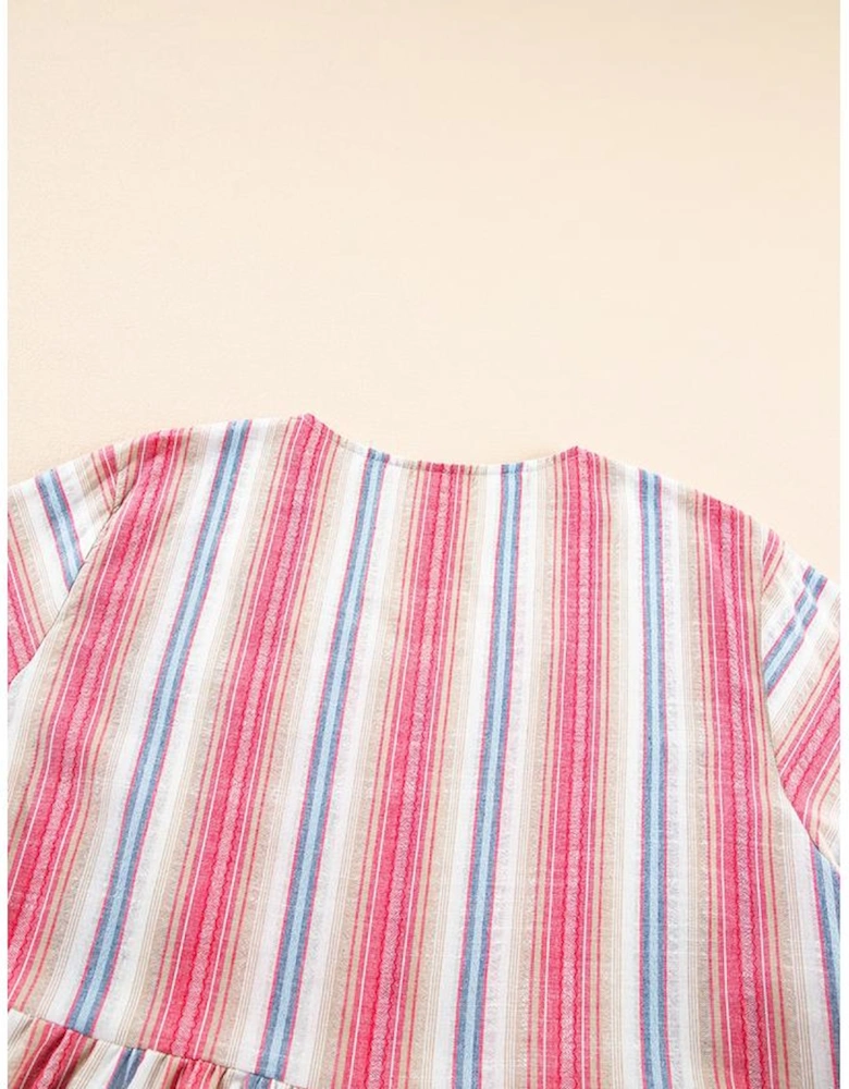 White Stripe Plus Size Embroidered Detail Flared 3/4 Sleeve V Neck Dress