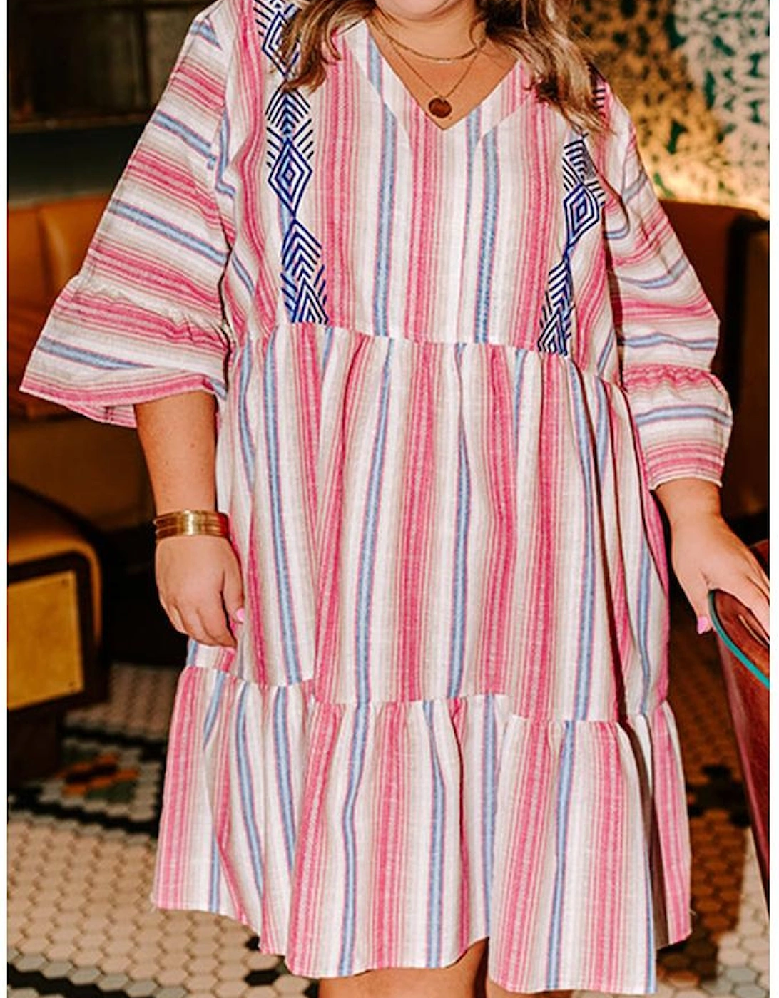 White Stripe Plus Size Embroidered Detail Flared 3/4 Sleeve V Neck Dress