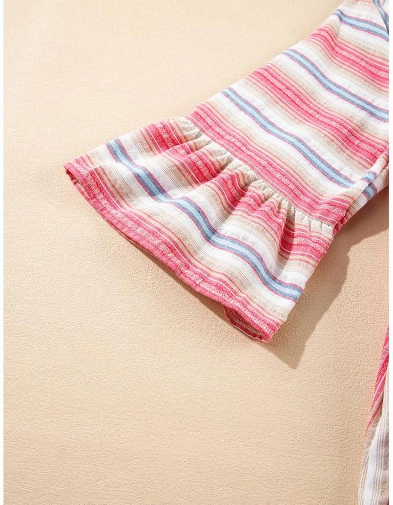 White Stripe Plus Size Embroidered Detail Flared 3/4 Sleeve V Neck Dress