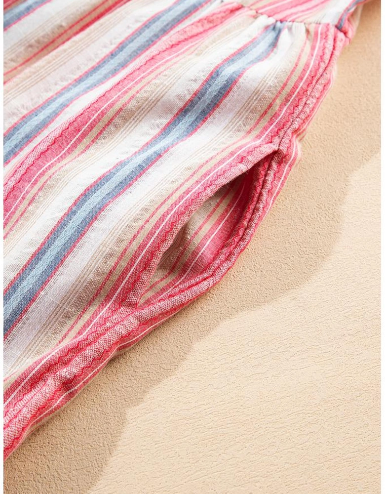 White Stripe Plus Size Embroidered Detail Flared 3/4 Sleeve V Neck Dress