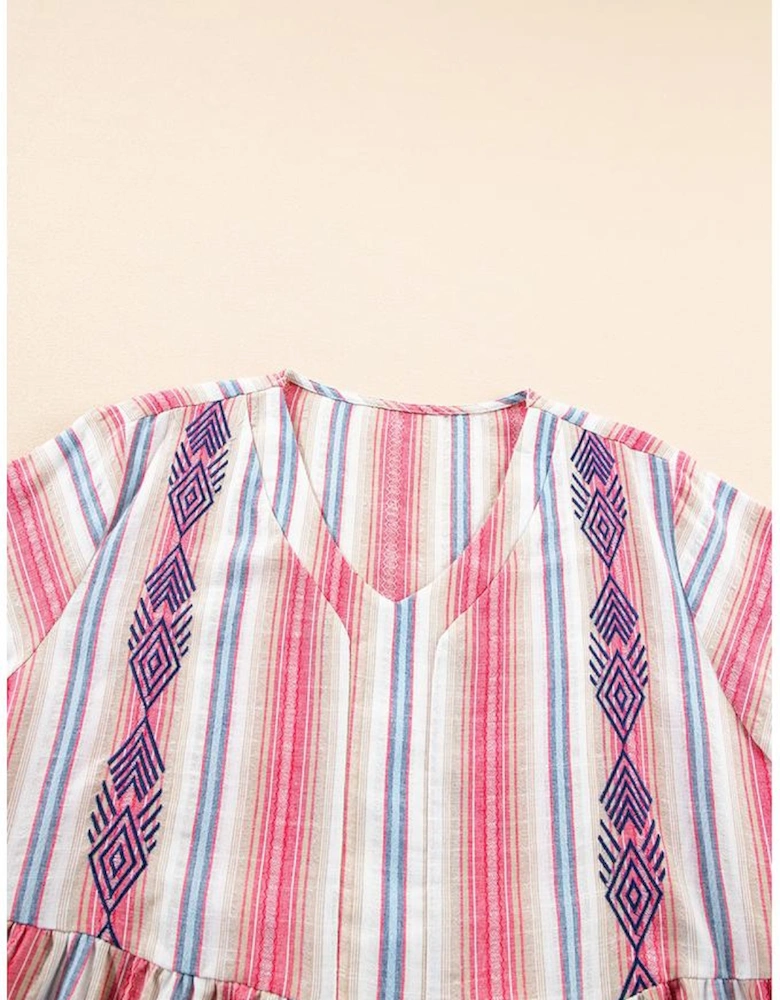 White Stripe Plus Size Embroidered Detail Flared 3/4 Sleeve V Neck Dress