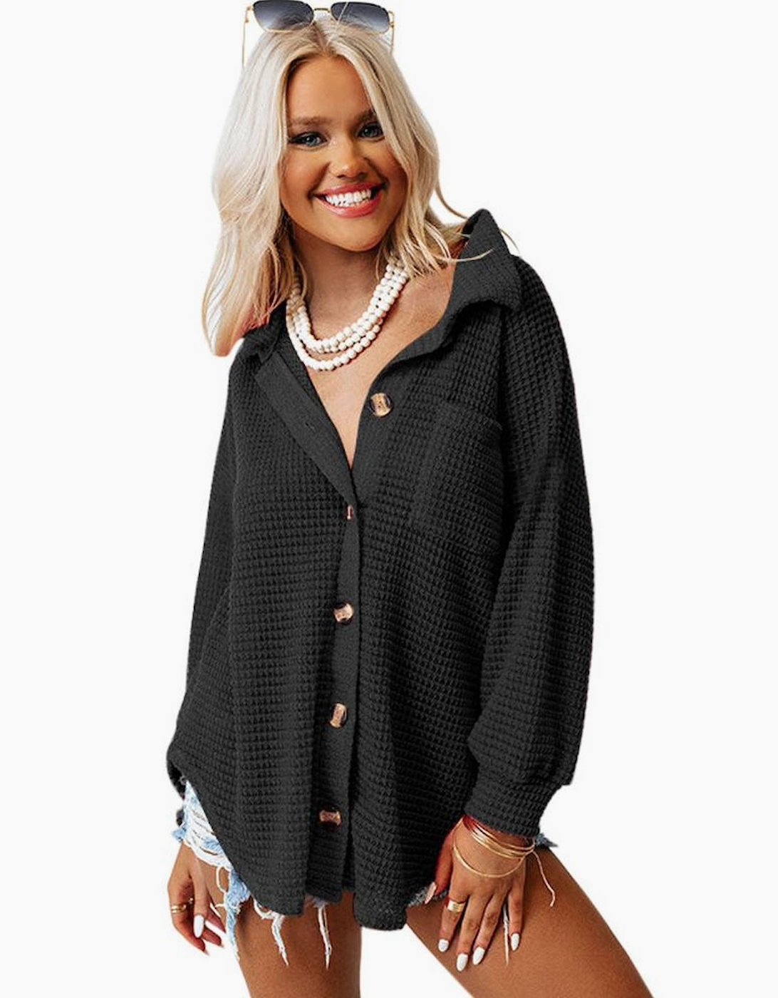 Black Waffle Knit Button Up Casual Shirt