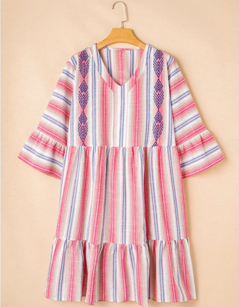 White Stripe Plus Size Embroidered Detail Flared 3/4 Sleeve V Neck Dress