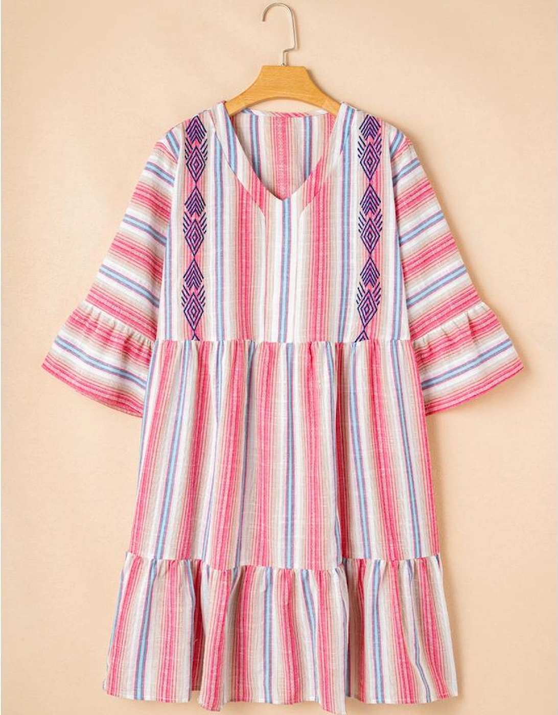 White Stripe Plus Size Embroidered Detail Flared 3/4 Sleeve V Neck Dress