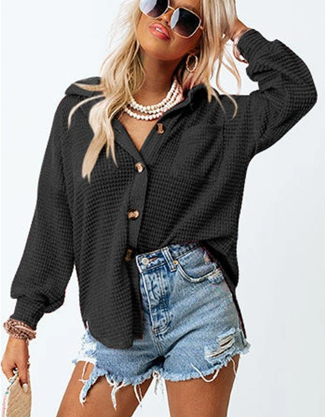 Black Waffle Knit Button Up Casual Shirt