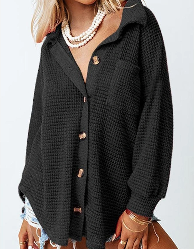Black Waffle Knit Button Up Casual Shirt