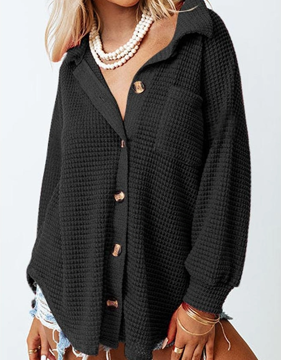 Black Waffle Knit Button Up Casual Shirt