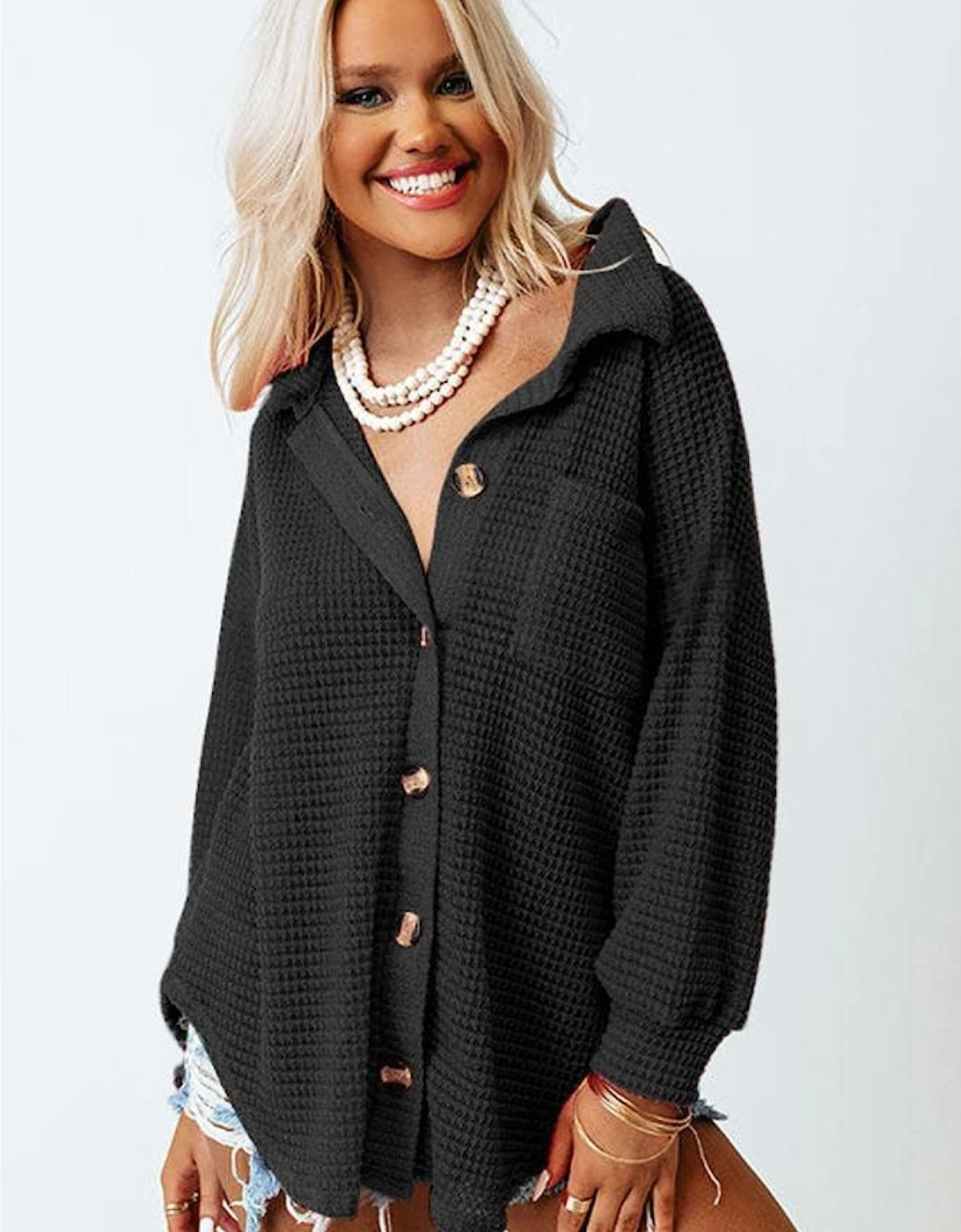 Black Waffle Knit Button Up Casual Shirt