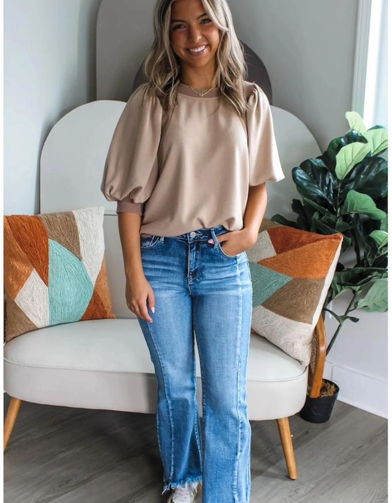 Goat Half Lantern Sleeve Solid Colour Pullover Top