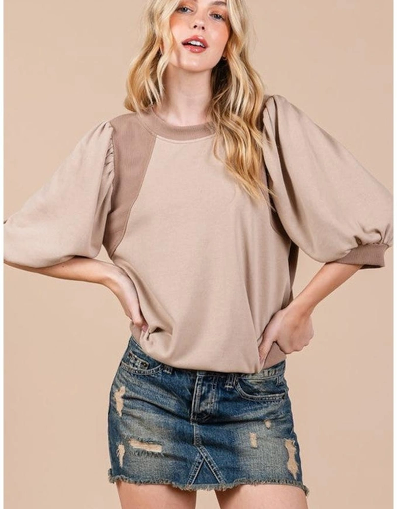 Goat Half Lantern Sleeve Solid Colour Pullover Top
