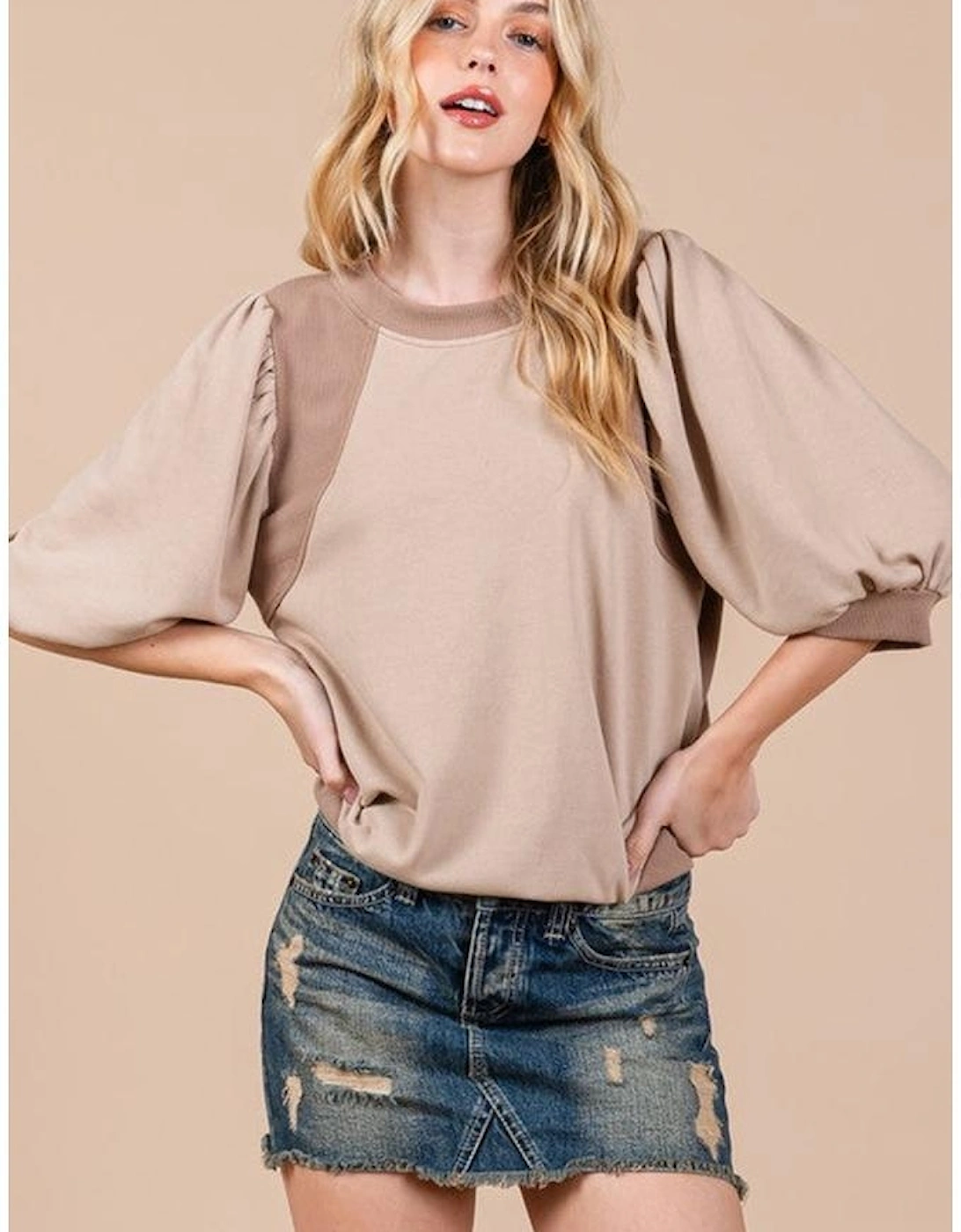 Goat Half Lantern Sleeve Solid Colour Pullover Top