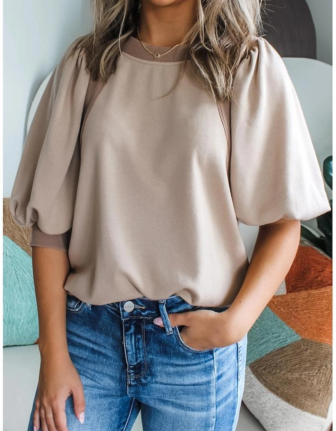 Goat Half Lantern Sleeve Solid Colour Pullover Top