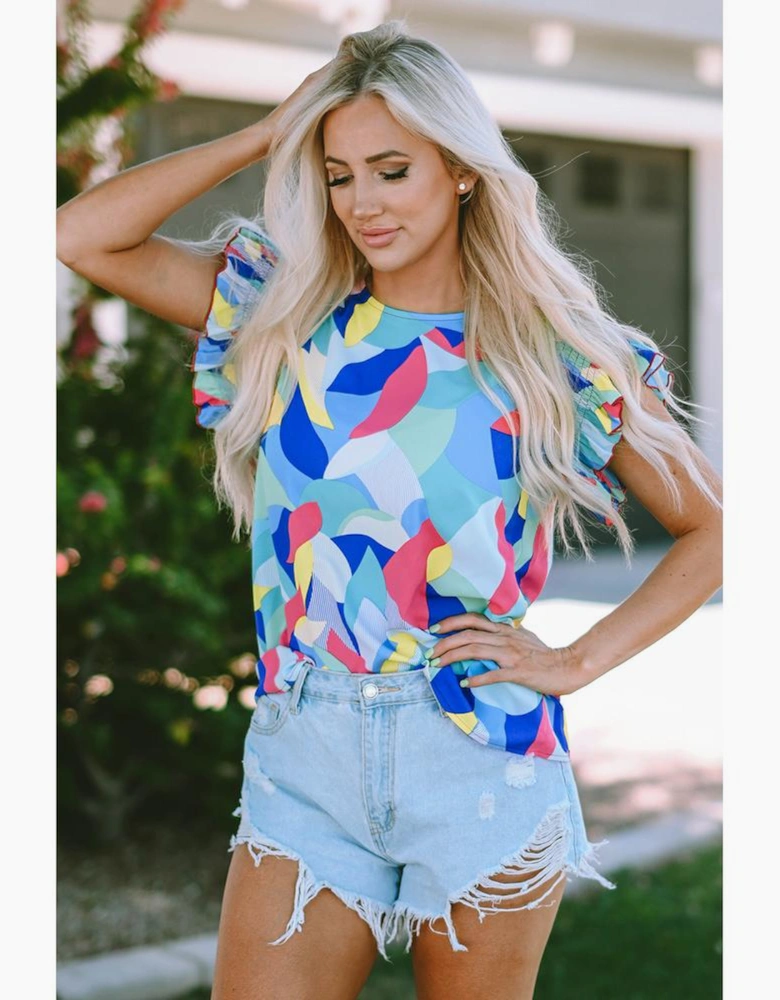 Multicolor Abstract Print Stitching Ruffle Sleeve Blouse