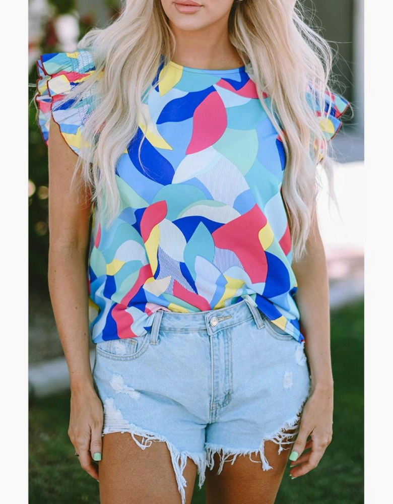 Multicolor Abstract Print Stitching Ruffle Sleeve Blouse