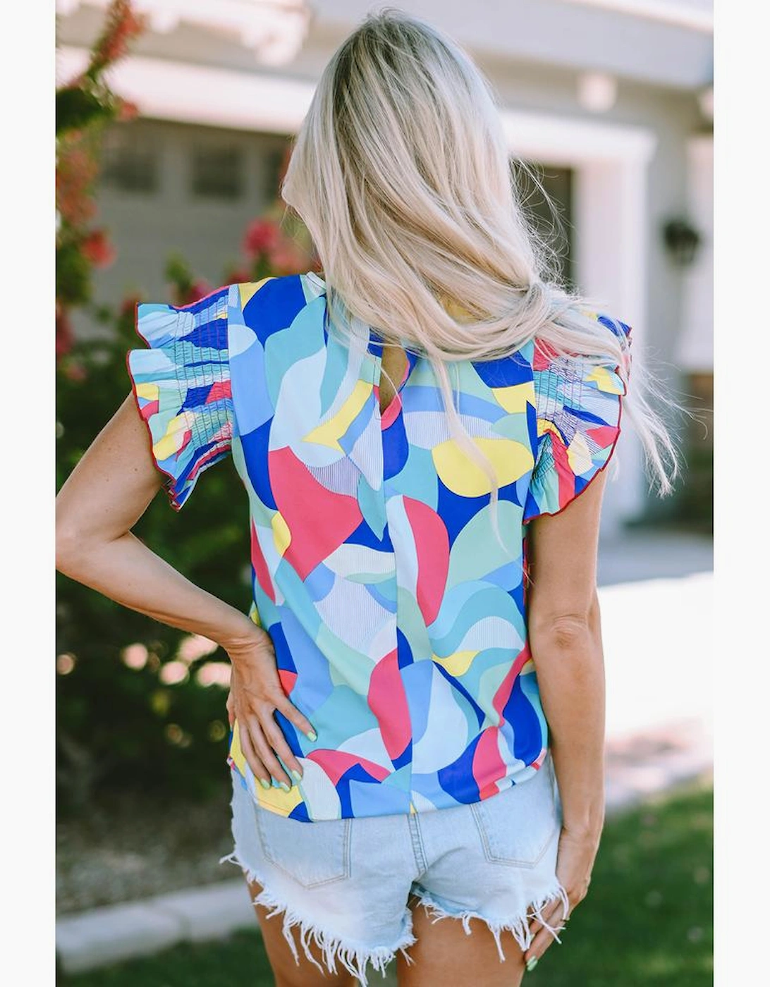 Multicolor Abstract Print Stitching Ruffle Sleeve Blouse