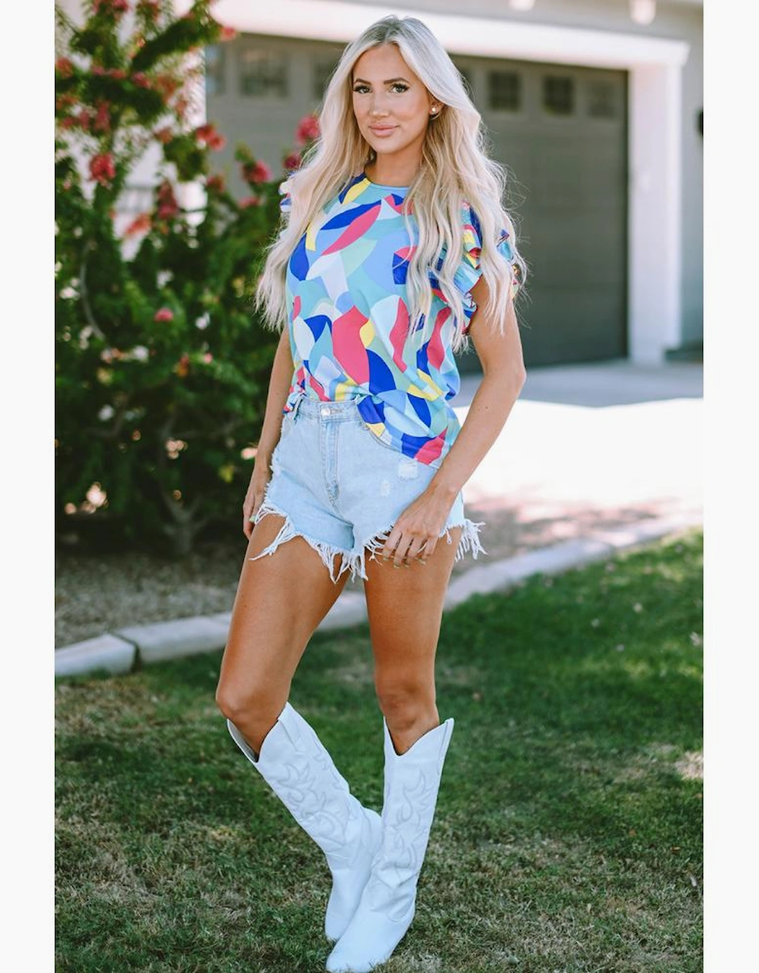 Multicolor Abstract Print Stitching Ruffle Sleeve Blouse