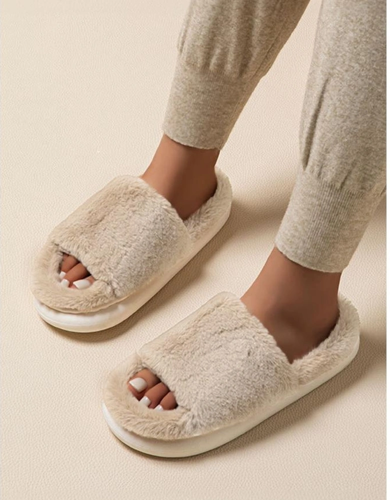 Chestnut Furry Open Toe Thick Sole Slippers