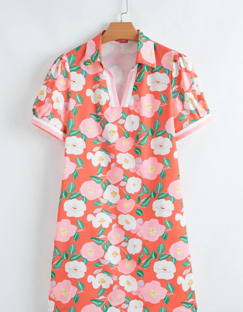 Fresh Salmon Floral Print Contrast Striped Trim Polo Collar T Shirt Dress