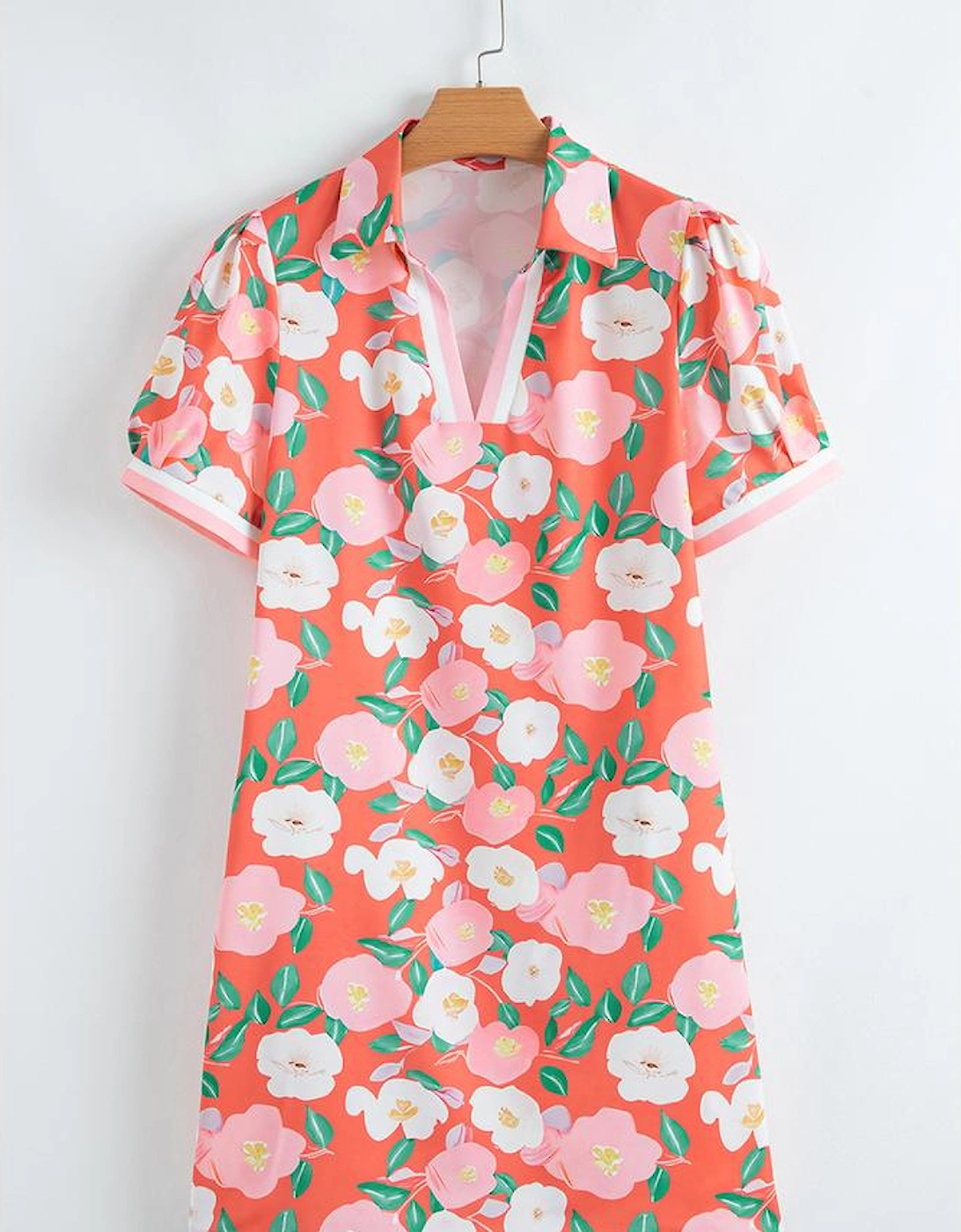 Fresh Salmon Floral Print Contrast Striped Trim Polo Collar T Shirt Dress