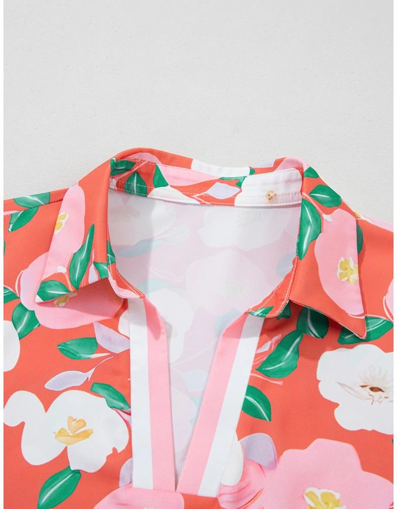 Fresh Salmon Floral Print Contrast Striped Trim Polo Collar T Shirt Dress