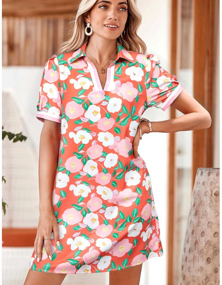 Fresh Salmon Floral Print Contrast Striped Trim Polo Collar T Shirt Dress